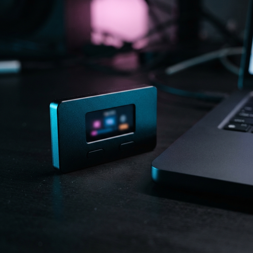 Small teal-edged electronic device with a blurred color display beside a laptop on a dark desk.