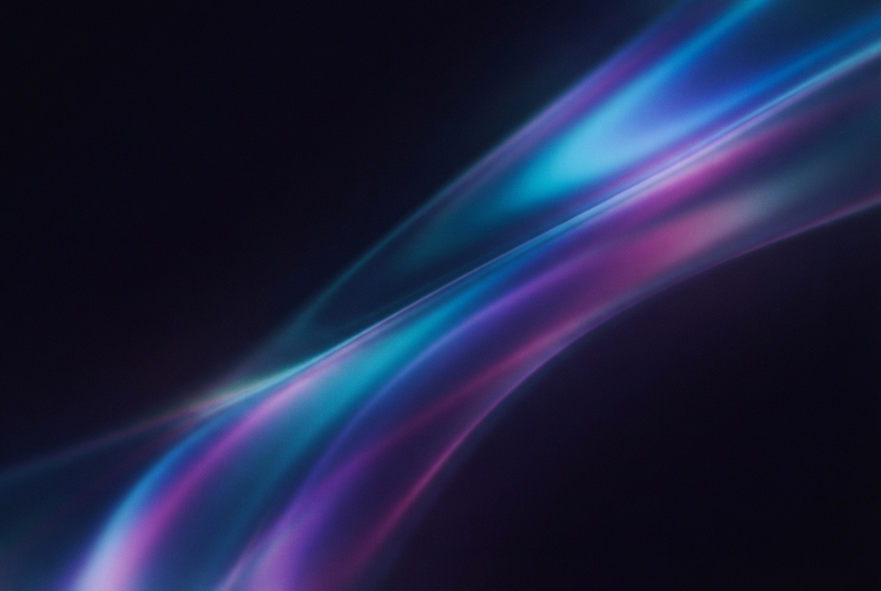 Glowing cyan, blue, purple, and magenta ribbons sweep diagonally across a dark abstract background.